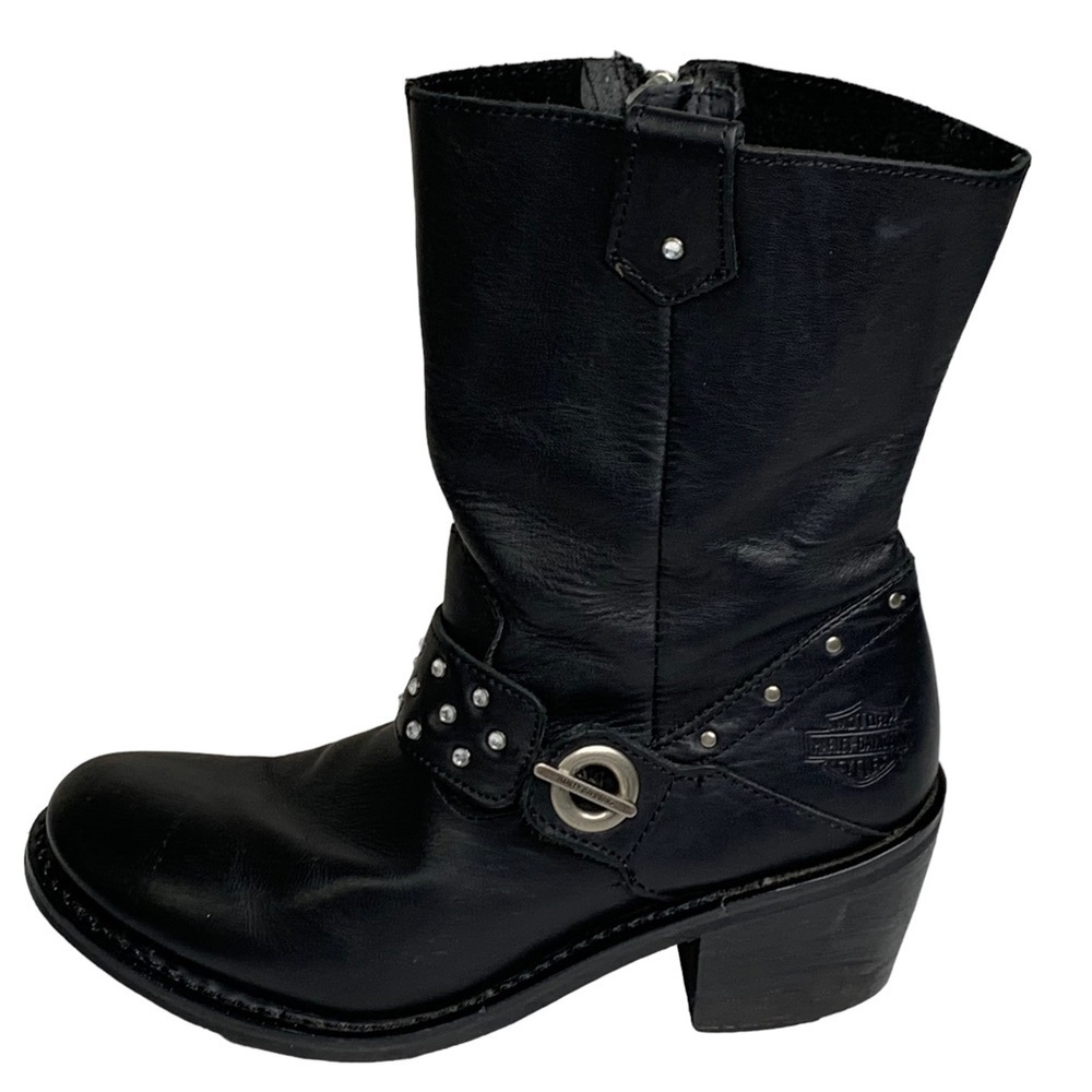 Harley Davidson Black Leather 3” Block Heel Moto Boots Rhinestone Band & Rivets - Picture 6 of 10